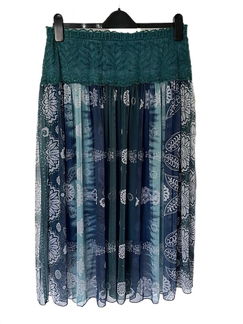 Vintage Y2K Paisley Whimsigoth Mesh Midi Skirt Blue Teal Boho Fairy